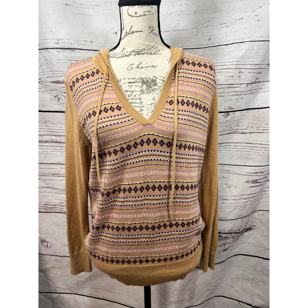 Chadwicks Womens Tan Fair Isle Knit Hoodie Sweater V-Neck Long Sleeve Large